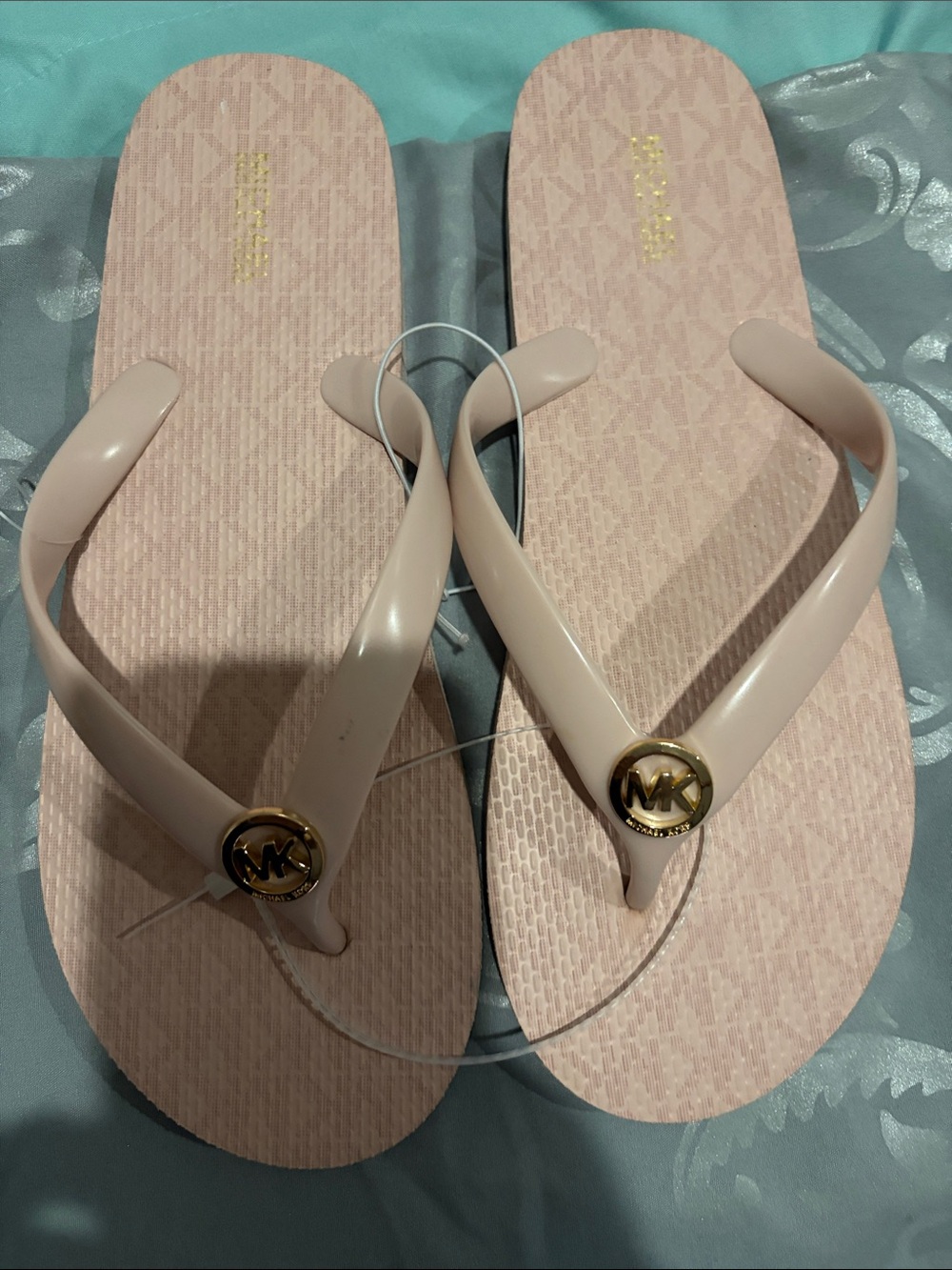 Michael Kors Pale Pink Logo Thong Sandals with Gold Emblem